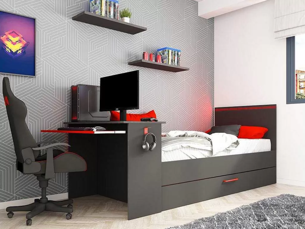 Cama Dupla*Vente-unique Cama Dupla Gamer 2 X 90 X 200 Cm Com Secretária E Leds Antracite E Vermelho - Vouani
