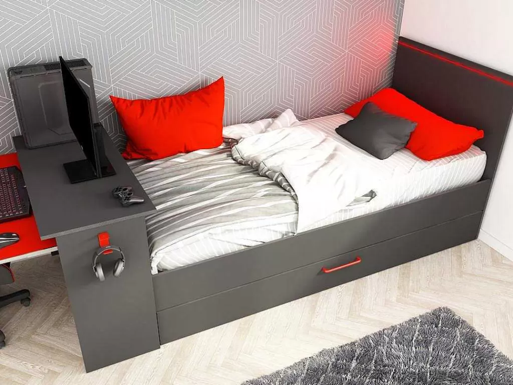 Cama Dupla*Vente-unique Cama Dupla Gamer 2 X 90 X 200 Cm Com Secretária E Leds Antracite E Vermelho - Vouani