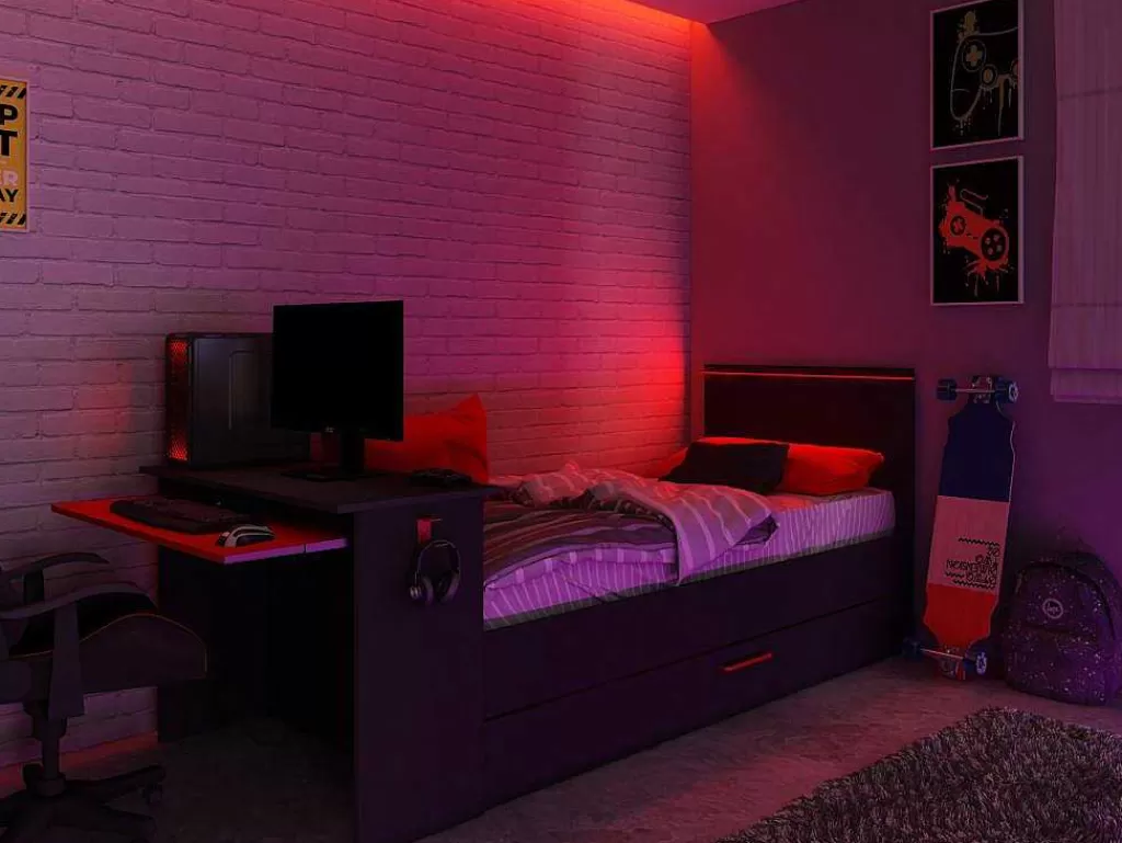 Cama Dupla*Vente-unique Cama Dupla Gamer 2 X 90 X 200 Cm Com Secretária E Leds Antracite E Vermelho - Vouani