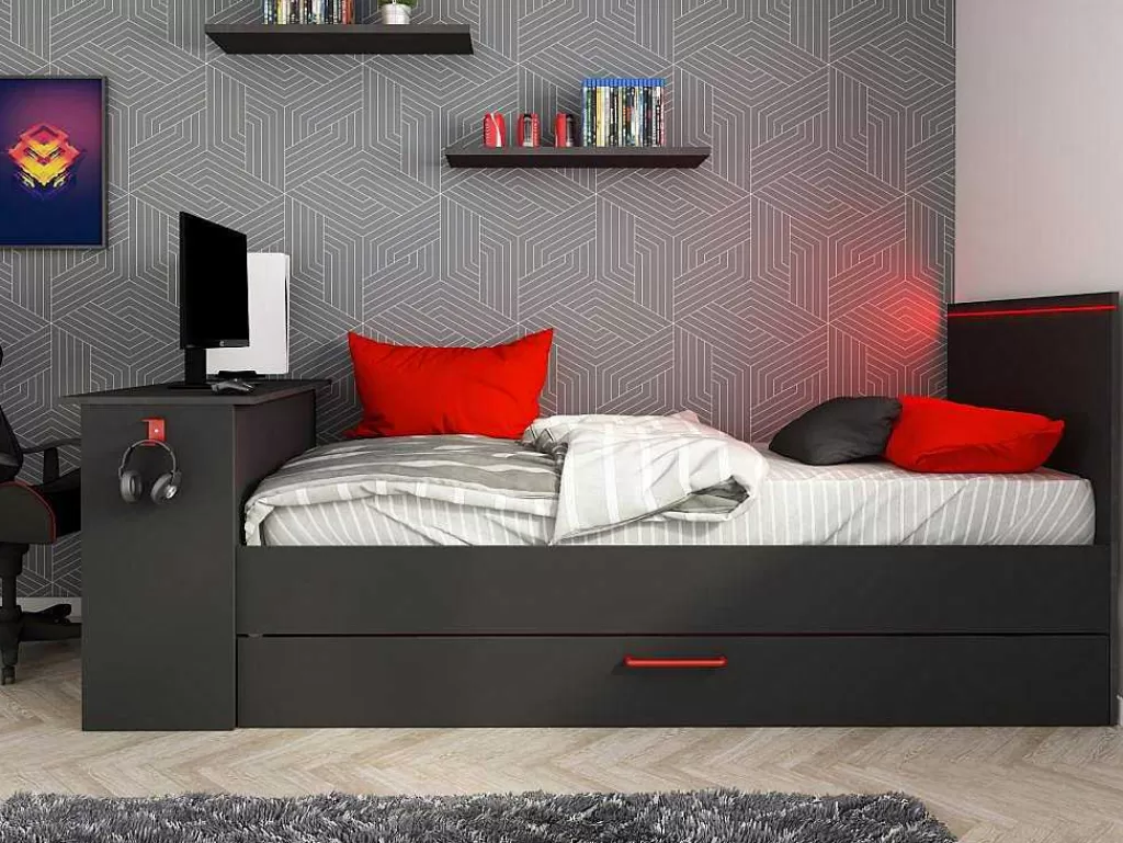 Cama Dupla*Vente-unique Cama Dupla Gamer 2 X 90 X 200 Cm Com Secretária E Leds Antracite E Vermelho - Vouani