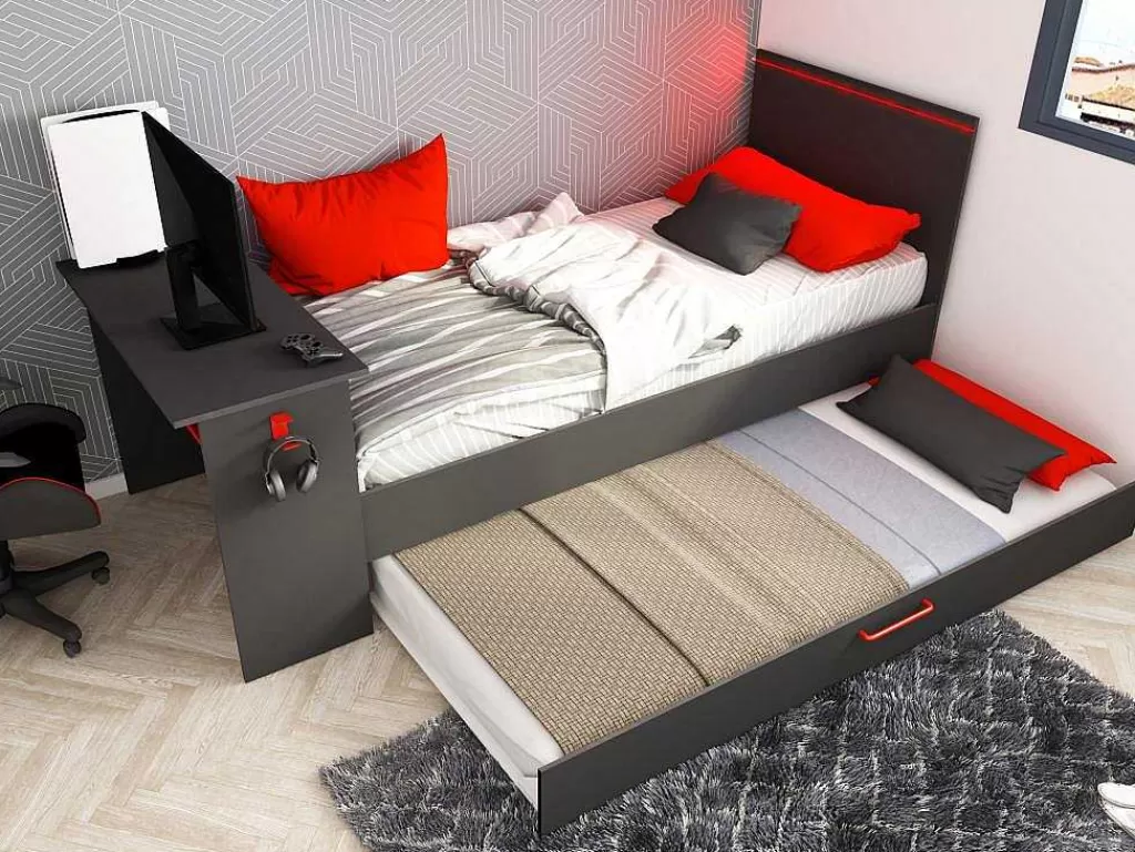 Cama Dupla*Vente-unique Cama Dupla Gamer 2 X 90 X 200 Cm Com Secretária E Leds Antracite E Vermelho - Vouani