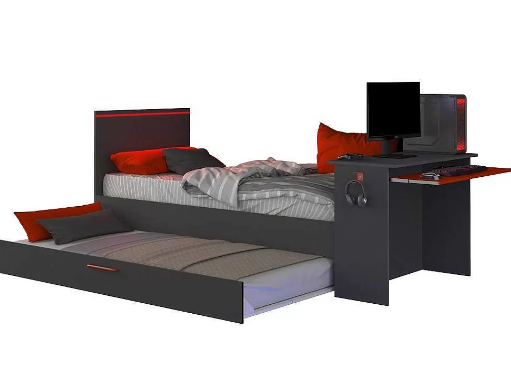 Cama Dupla*Vente-unique Cama Dupla Gamer 2 X 90 X 200 Cm Com Secretária E Leds Antracite E Vermelho - Vouani