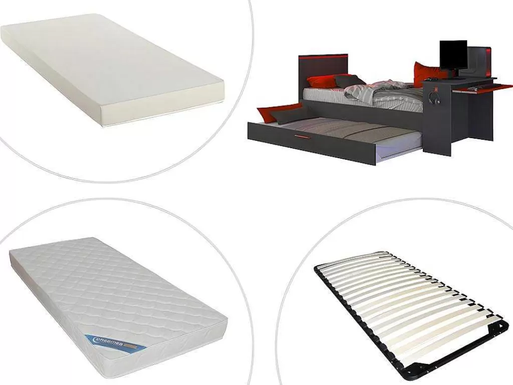 Cama Dupla*Vente-unique Cama Dupla Gamer 90 X 200 E 90 X 190 Cm Com Secretária E Leds Antracite E Vermelho, Com Colchão E Sommier - Vouani
