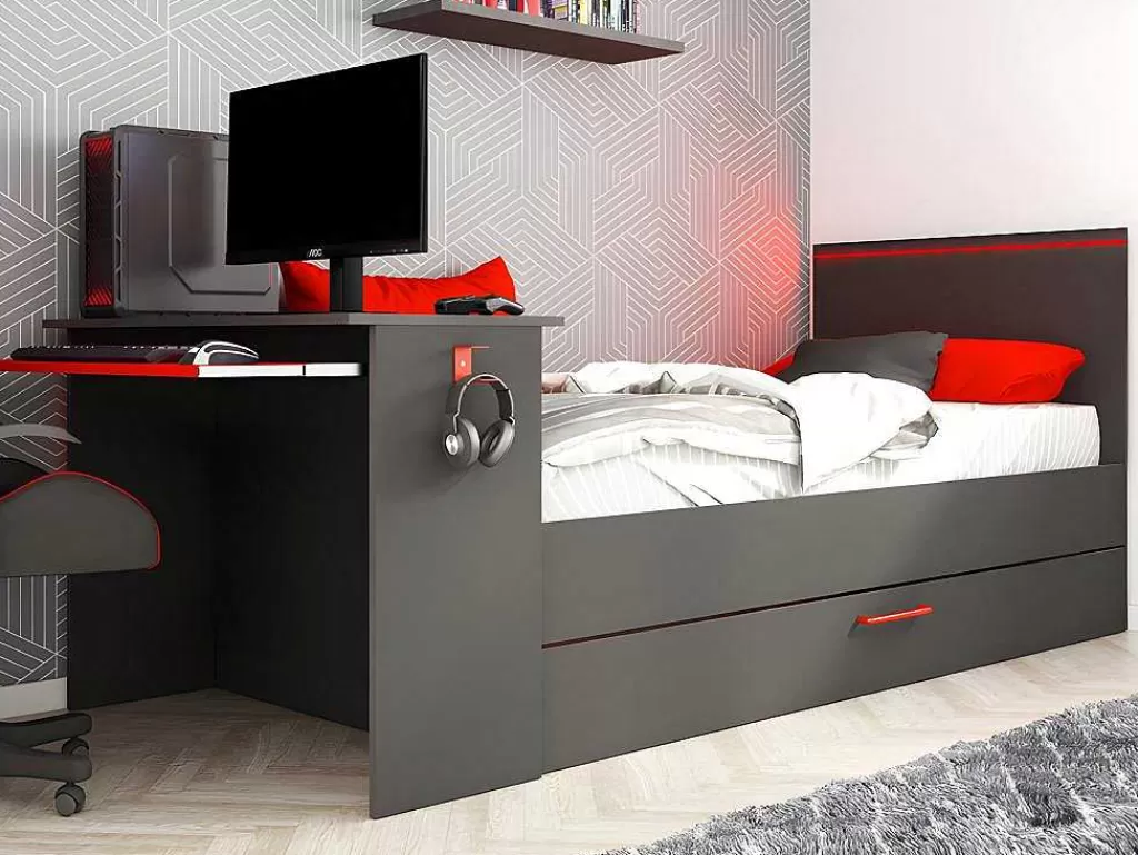 Cama Dupla*Vente-unique Cama Dupla Gamer 90 X 200 E 90 X 190 Cm Com Secretária E Leds Antracite E Vermelho, Com Colchão E Sommier - Vouani