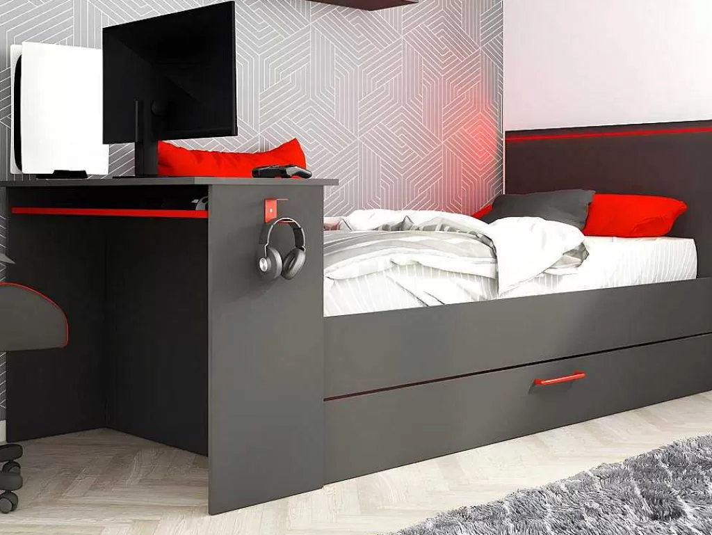 Cama Dupla*Vente-unique Cama Dupla Gamer 90 X 200 E 90 X 190 Cm Com Secretária E Leds Antracite E Vermelho, Com Colchão E Sommier - Vouani