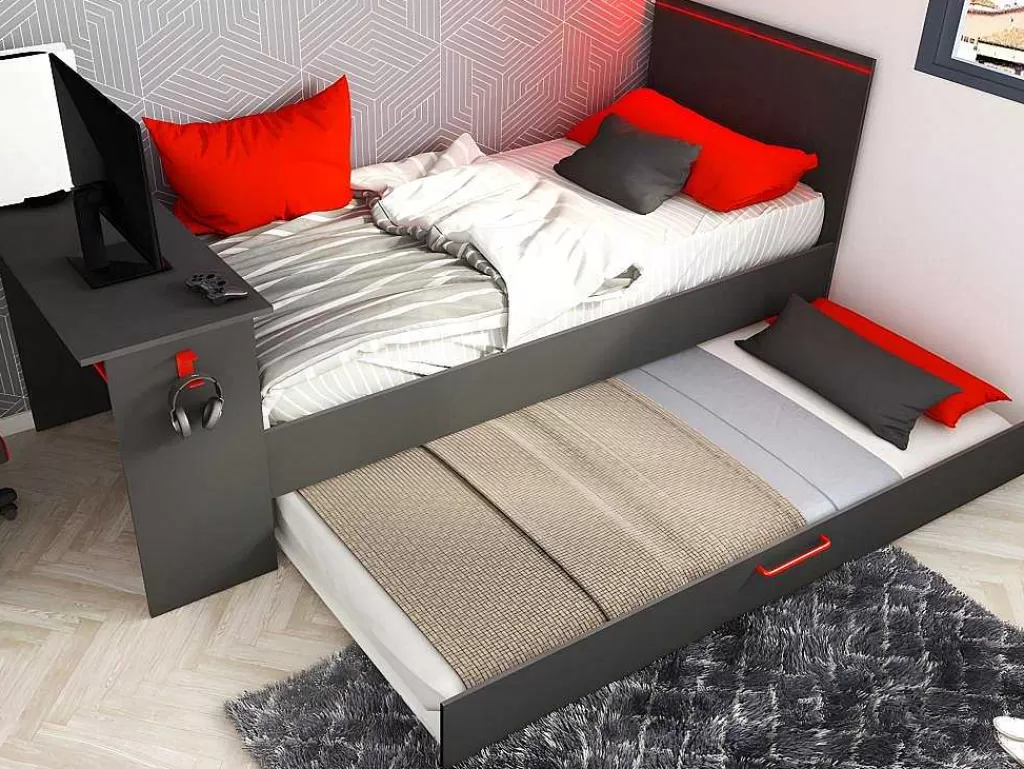 Cama Dupla*Vente-unique Cama Dupla Gamer 90 X 200 E 90 X 190 Cm Com Secretária E Leds Antracite E Vermelho, Com Colchão E Sommier - Vouani