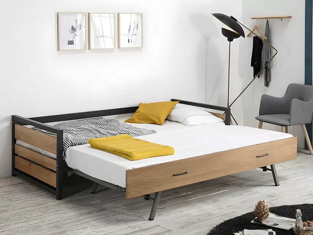 Cama De Criança*Vente-unique Cama Dupla Industrial 2X90X190 Cm Mdf, Pinho E Metal Castanho Noz E Antracite - Boston