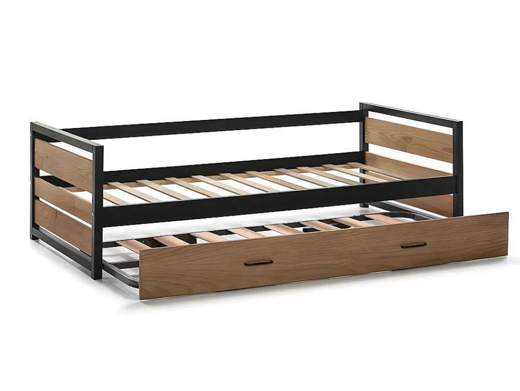 Cama De Criança*Vente-unique Cama Dupla Industrial 2X90X190 Cm Mdf, Pinho E Metal Castanho Noz E Antracite - Boston