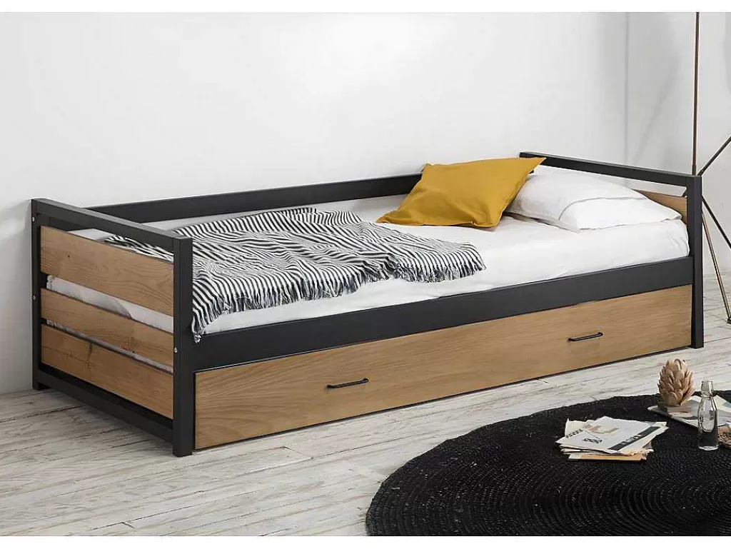 Cama Dupla*Vente-unique Cama Dupla Industrial 2X90X190 Cm Mdf, Pinho E Metal Castanho Noz E Antracite + Colchão - Boston