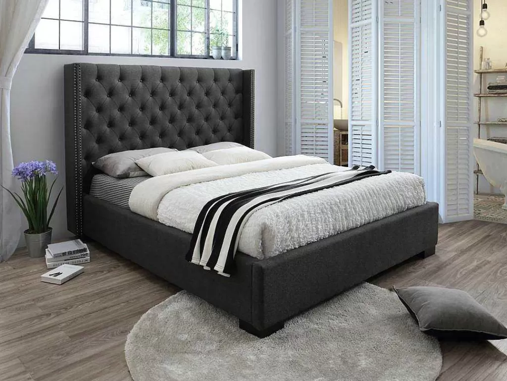 Cama De Adulto*Vente-unique Cama Massimo Cabeceira De Cama Em Capitone - 160X200Cm - Tecido Cinza