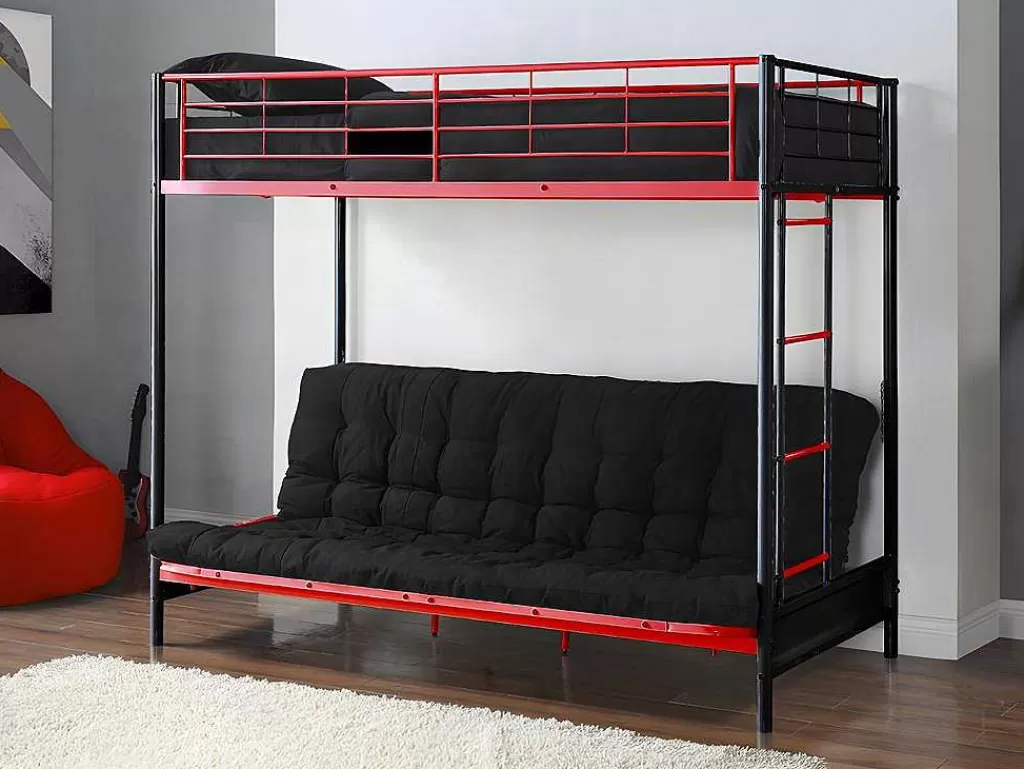 Cama Alta*Vente-unique Cama Mezzanine 90X190 Cm Com Sofá Convertivel Em Metal Preto E Vermelho - Modulo Iv