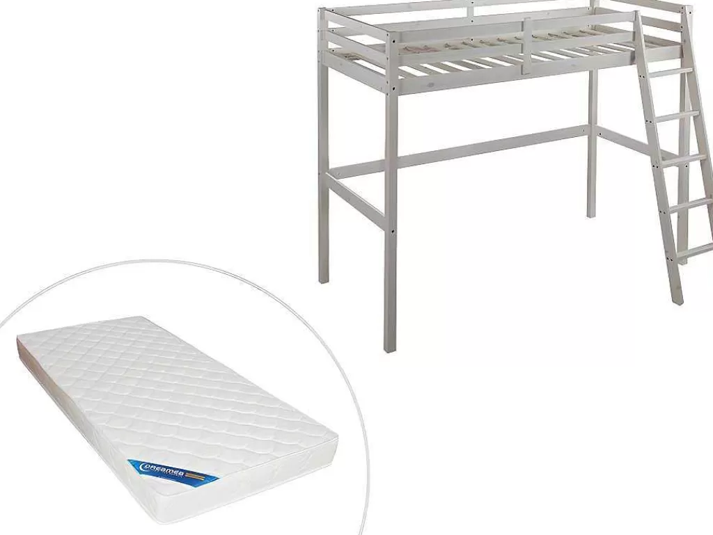 Cama Alta*Vente-unique Cama Mezzanine 90X190 Cm Em Pinho Macico Esbranquicado + Colchão - Gedeon