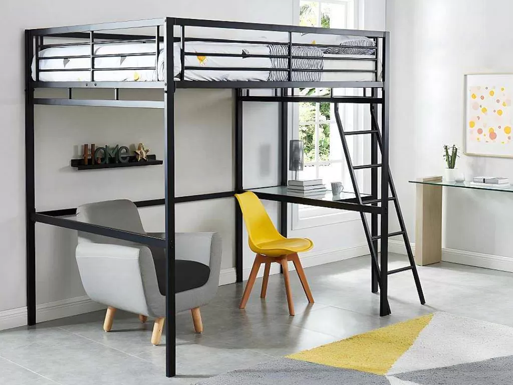 Cama Alta*Vente-unique Cama Mezzanine Com Plataforma De Secretária Antracite Casual + Colchão 140X190 Cm Zeus