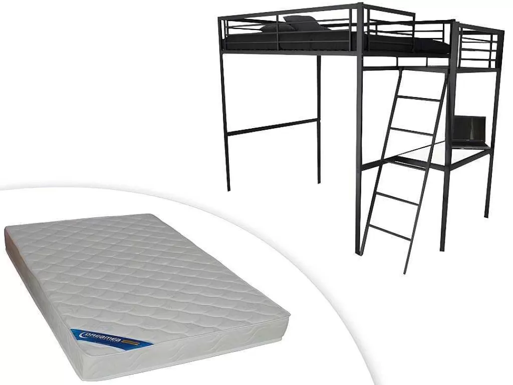 Cama Alta*Vente-unique Cama Mezzanine Com Plataforma De Secretária Antracite Casual + Colchão 140X190 Cm Zeus