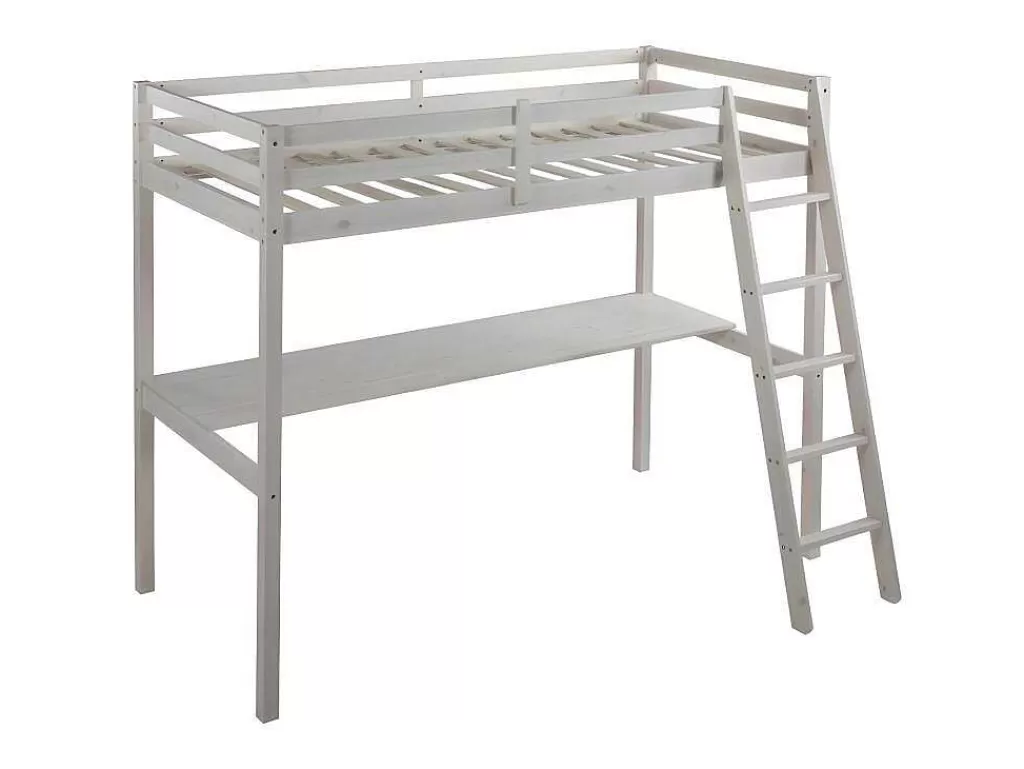 Cama Alta*Vente-unique Cama Mezzanine Com Secretária 90X190 Cm Em Pinho Macico Esbranquicado + Colchão - Gedeon
