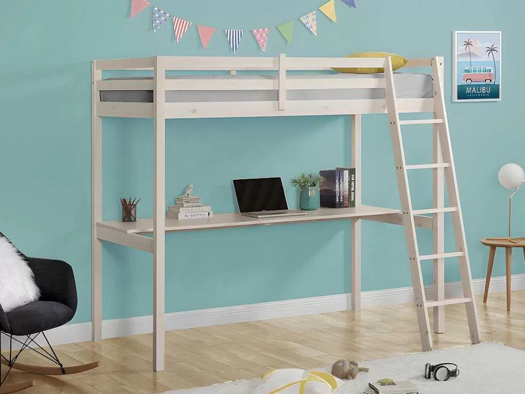 Cama Alta*Vente-unique Cama Mezzanine Com Secretária 90X190 Cm Em Pinho Macico Esbranquicado - Gedeon