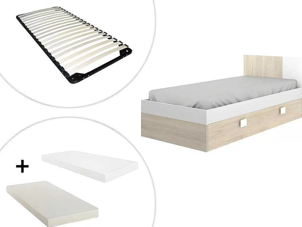 Cama Dupla*Vente-unique Cama Para Crianças 2X90X190 Cm Em Natural E Branco + Sommier + Colchões - Sonia