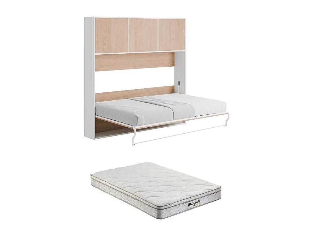 Cama Rebatível*Vente-unique Cama Rebatível 140 X 200 Cm Abertura Horizontal Manual, Com Arrumação, Cor Natural E Branco + Colchão - Elianor Ii