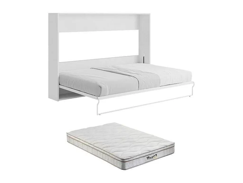 Cama Rebatível*Vente-unique Cama Rebatível 140 X 200 Cm, Abertura Manual Horizontal, Branco E Cinza + Colchão - Malina Ii
