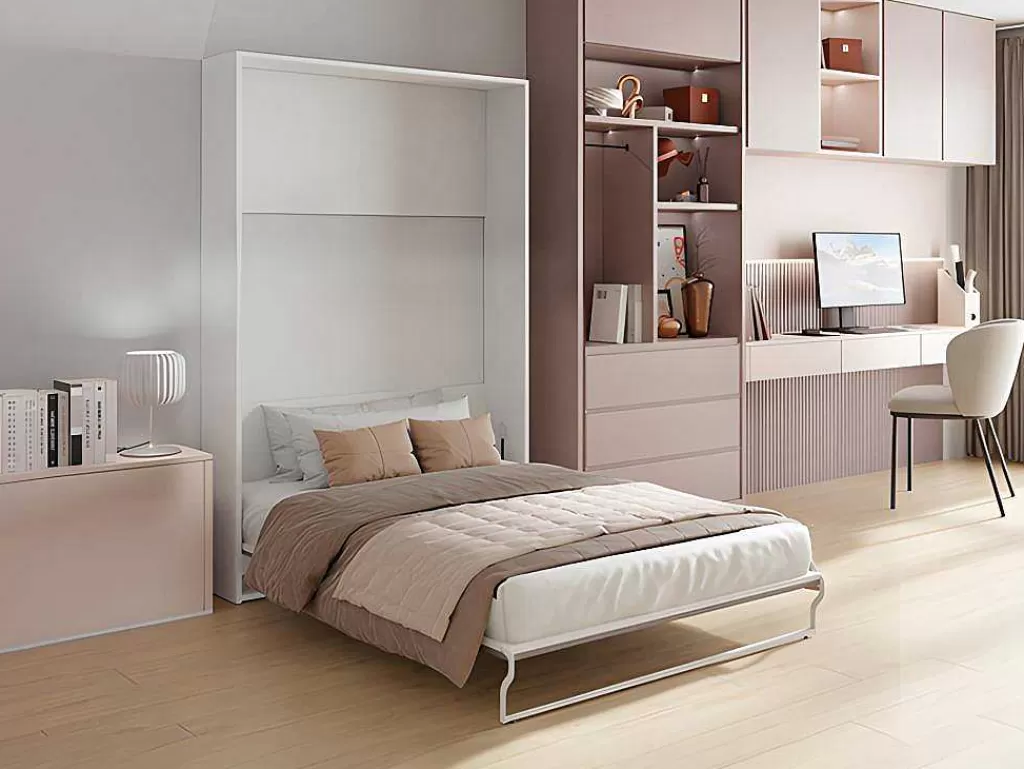 Cama Rebatível*Vente-unique Cama Rebatível 140 X 200 Cm, Abertura Vertical Manual, Branco E Cinza + Colchão - Malina Ii