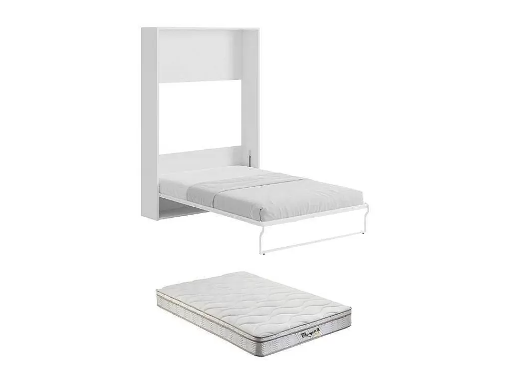 Cama Rebatível*Vente-unique Cama Rebatível 140 X 200 Cm, Abertura Vertical Manual, Branco E Cinza + Colchão - Malina Ii