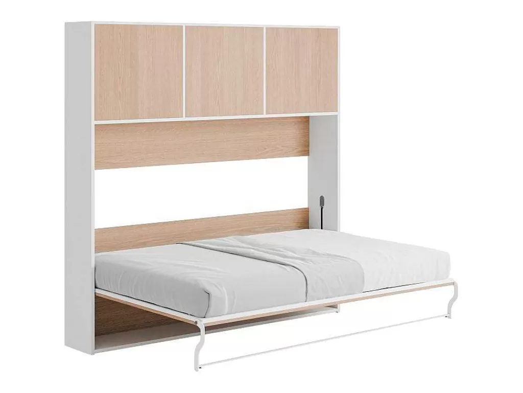 Cama Rebatível*Vente-unique Cama Rebatível 140X200 Cm Abertura Horizontal Manual Com Espacos De Arrumação Cor Natural E Branco - Elianor Ii