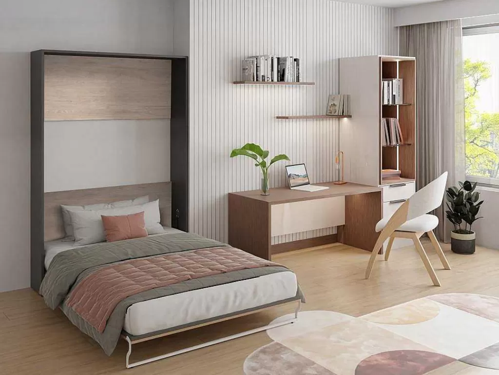 Cama Rebatível*Vente-unique Cama Rebatível 140X200 Cm Abertura Vertical Manual Cor Natural E Antracite - Malina Ii