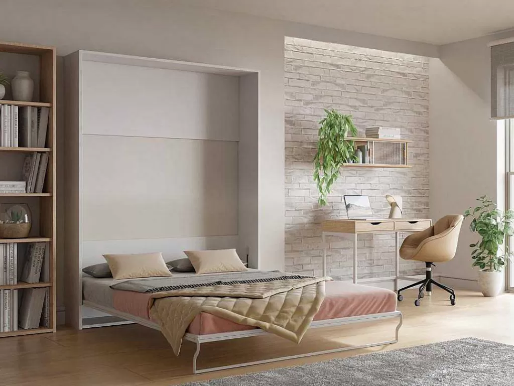 Cama De Adulto*Vente-unique Cama Rebatível 160 X 200 Cm Abertura Vertical Manual Branco + Colchão - Malina Ii