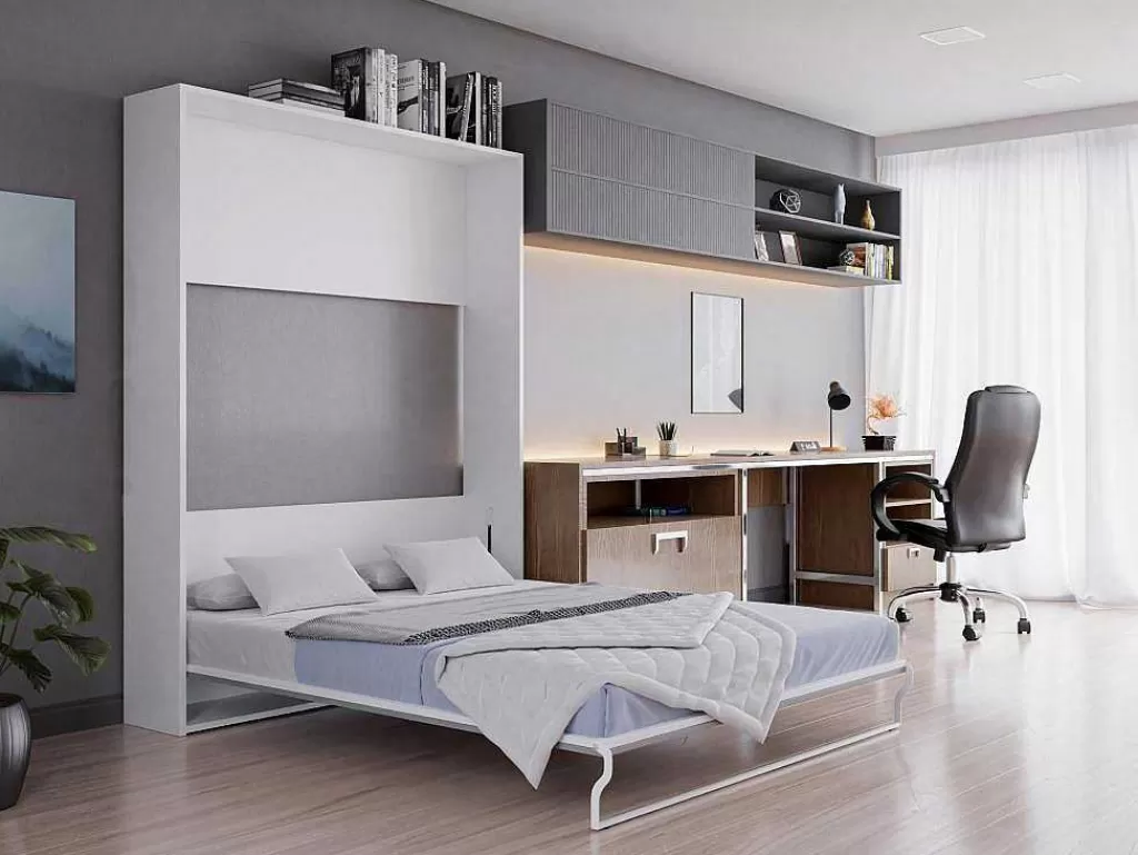 Cama Rebatível*Vente-unique Cama Rebatível 160X200 Cm Abertura Vertical Manual Branco E Cinza - Malina Ii
