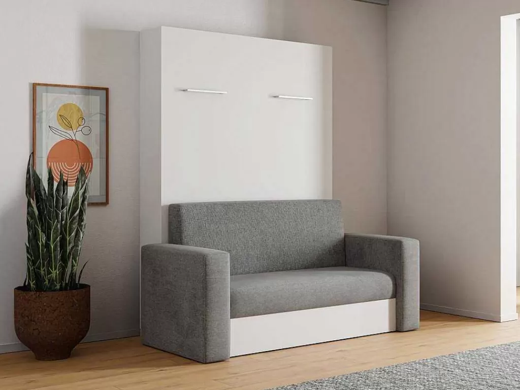 Cama Rebatível*Vente-unique Cama Rebatível Sofá 140 X 200 Cm Abertura Vertical Manual Branco E Cinza + Colchão - Vaciala Ii