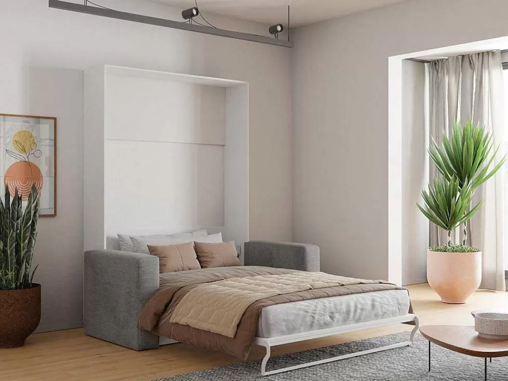 Cama Rebatível*Vente-unique Cama Rebatível Sofá 140 X 200 Cm Abertura Vertical Manual Branco E Cinza + Colchão - Vaciala Ii