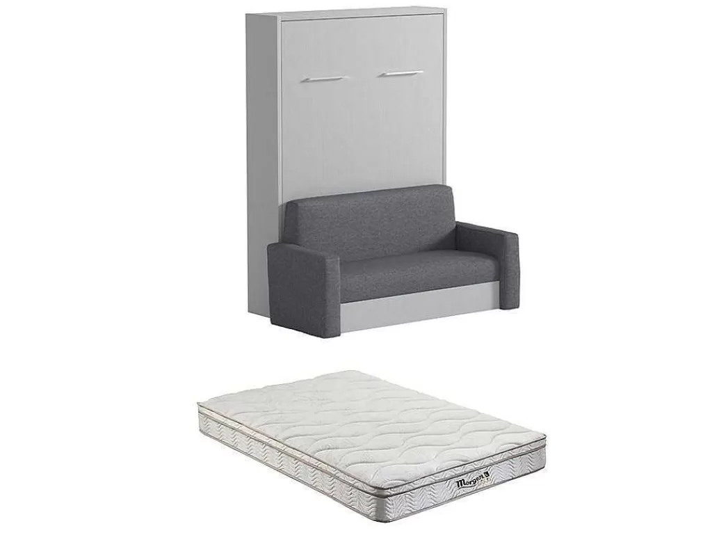 Cama Rebatível*Vente-unique Cama Rebatível Sofá 140 X 200 Cm Abertura Vertical Manual Branco E Cinza + Colchão - Vaciala Ii
