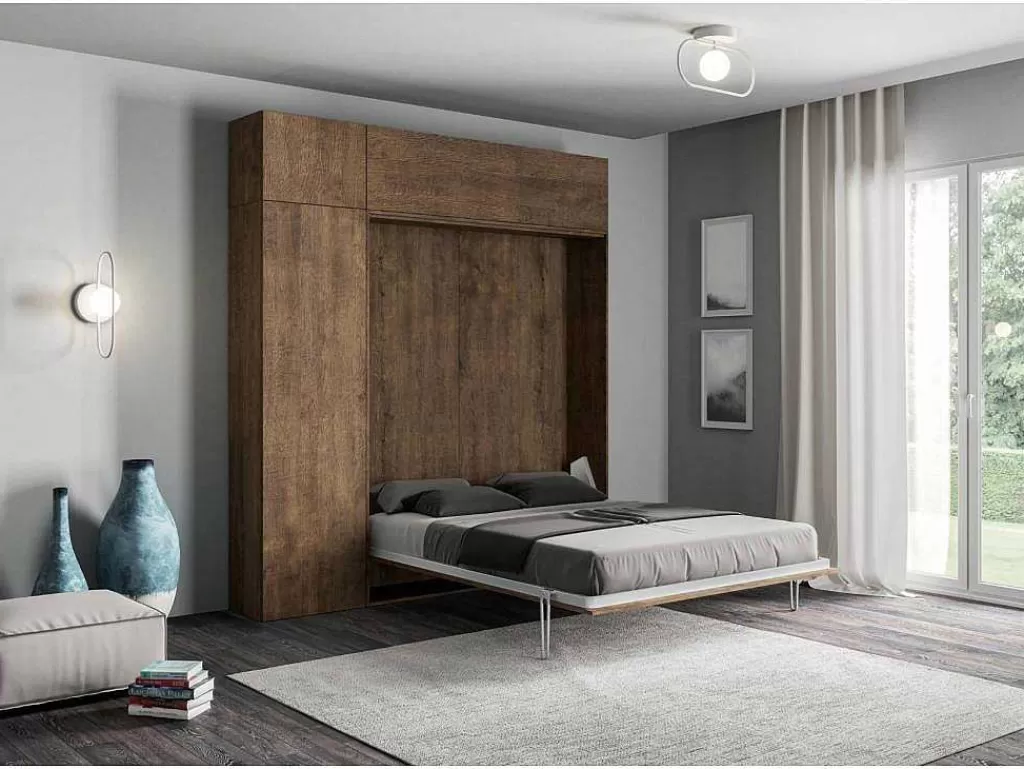 Cama Rebatível*ITAMOBY Cama Retratil 140 Vertical Kentaro Com Armário Coluna E Armários Suspensos Nogueira