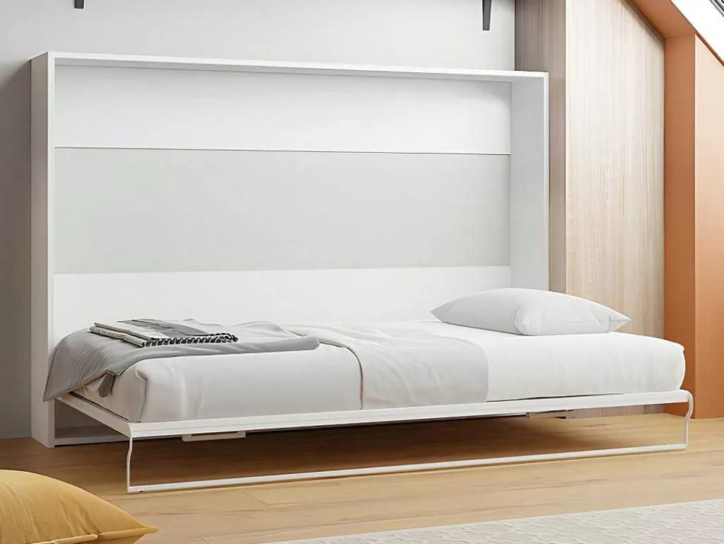 Cama Rebatível*Vente-unique Cama Retratil 140 X 200 Cm Abertura Horizontal Manual Branco + Colchão - Malina Ii
