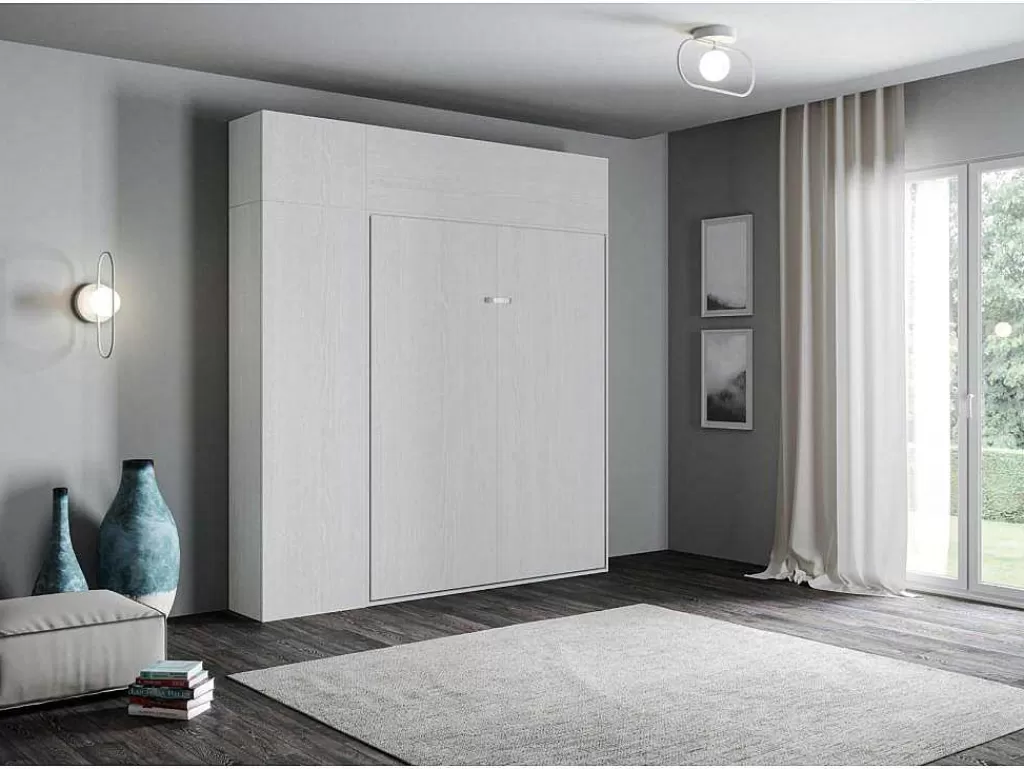 Cama Rebatível*ITAMOBY Cama Retratil 160 Vertical Kentaro Com Armário Coluna E Armários Suspensos Cinza Branca