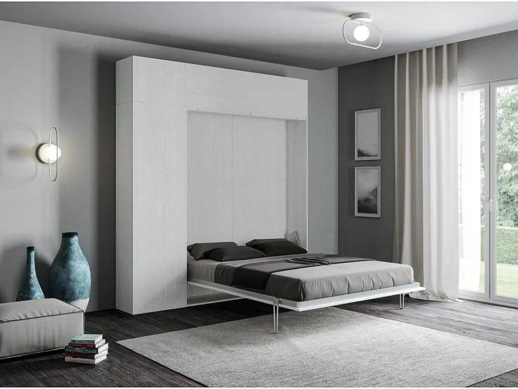 Cama Rebatível*ITAMOBY Cama Retratil 160 Vertical Kentaro Com Armário Coluna E Armários Suspensos Cinza Branca