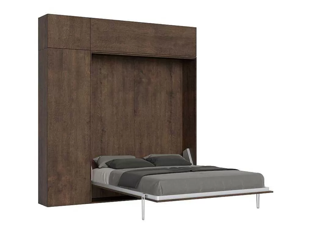Cama Rebatível*ITAMOBY Cama Retratil 160 Vertical Kentaro Com Armário Coluna E Armários Suspensos Nogueira