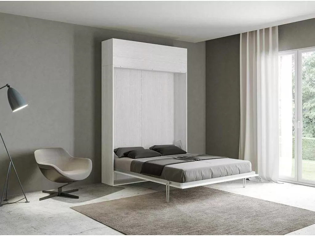 Cama Rebatível*ITAMOBY Cama Retratil 160 Vertical Kentaro Com Armário Suspenso Cinza Branca