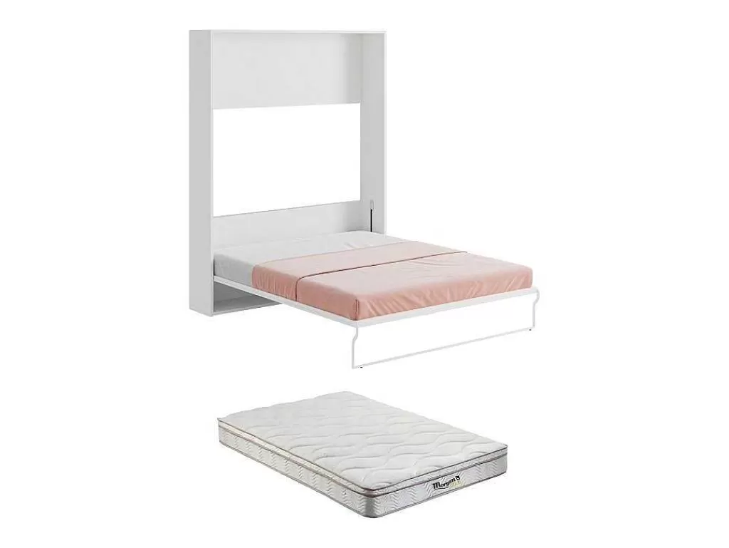 Cama Rebatível*Vente-unique Cama Retratil 160 X 200 Cm Abertura Vertical Manual Branca E Cinza + Colchão - Malina Ii