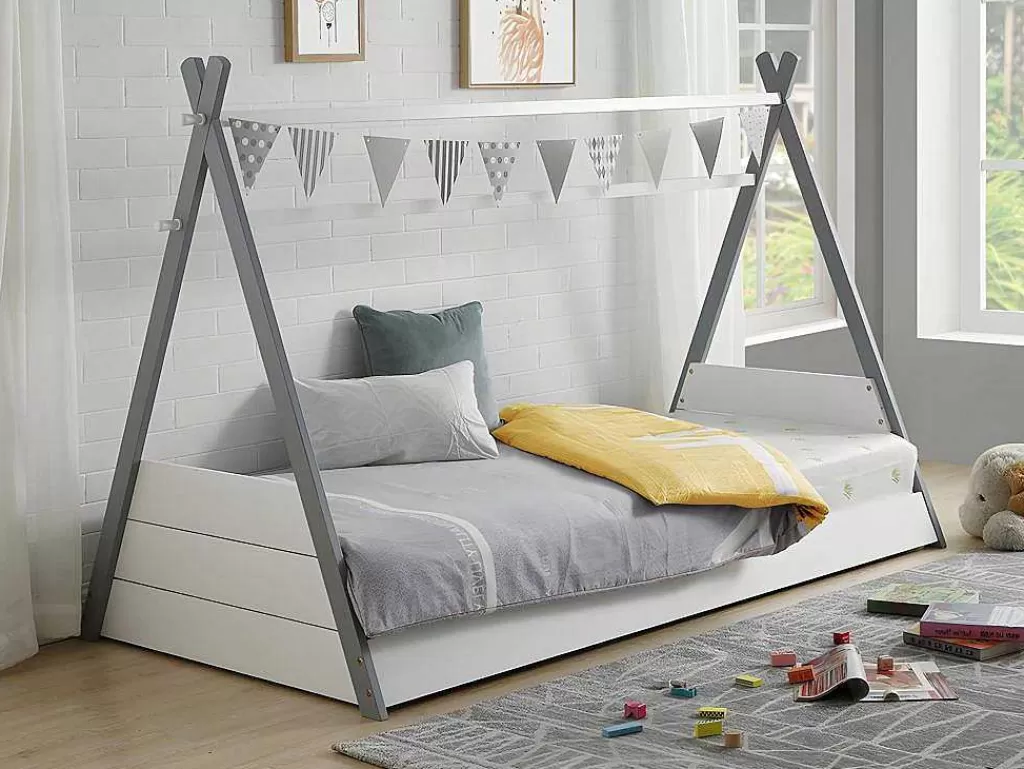 Cama De Criança*Vente-unique Cama Tenda De 90X190 Cm Em Pinho Cor Branco E Cinza - Sioux