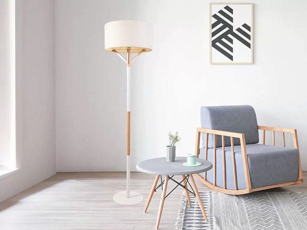 Candeeiro De Pe*OZAIA Candeeiro De Pe Escandinavo Metal, Linho E Madeira De Hevea D44 X A164 Cm Natural E Branco - Addis