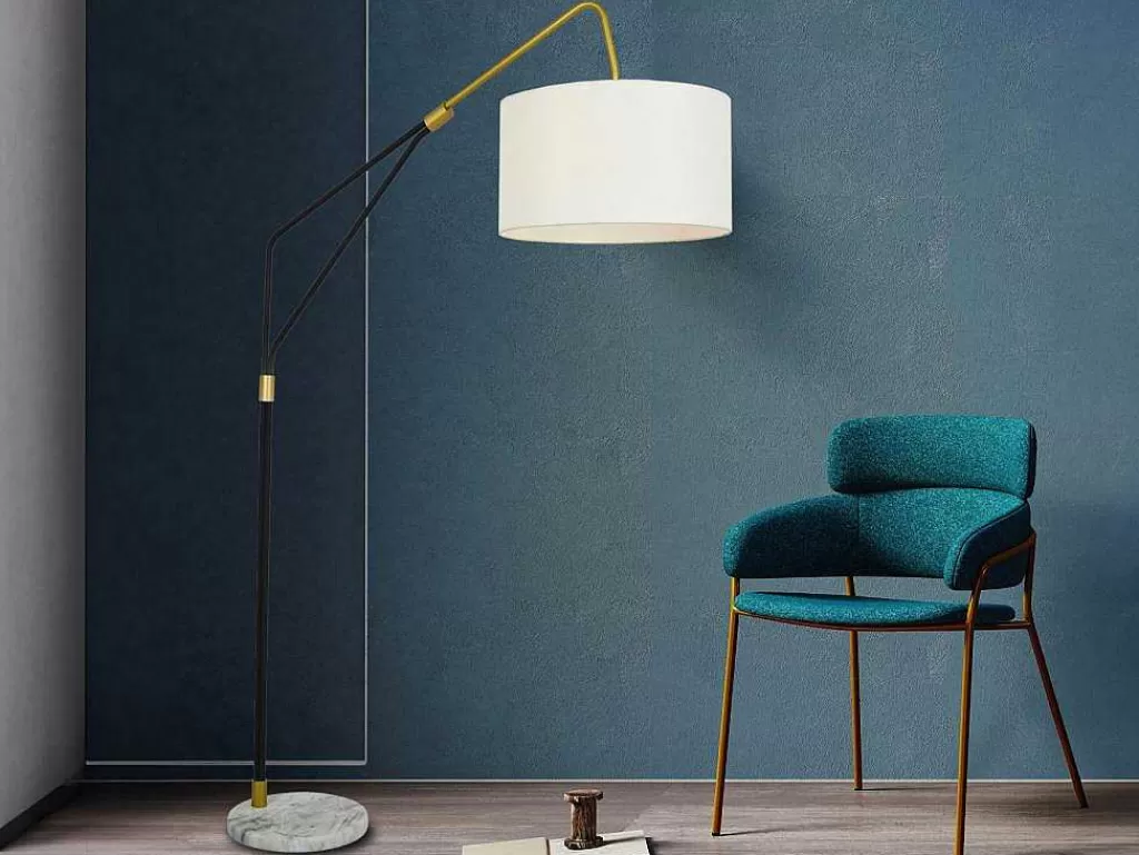 Candeeiro De Pe*OZAIA Candeeiro De Pe Metal, Linho E Marmore C122 X A180 Cm Branco, Preto E Dourado - Masdar