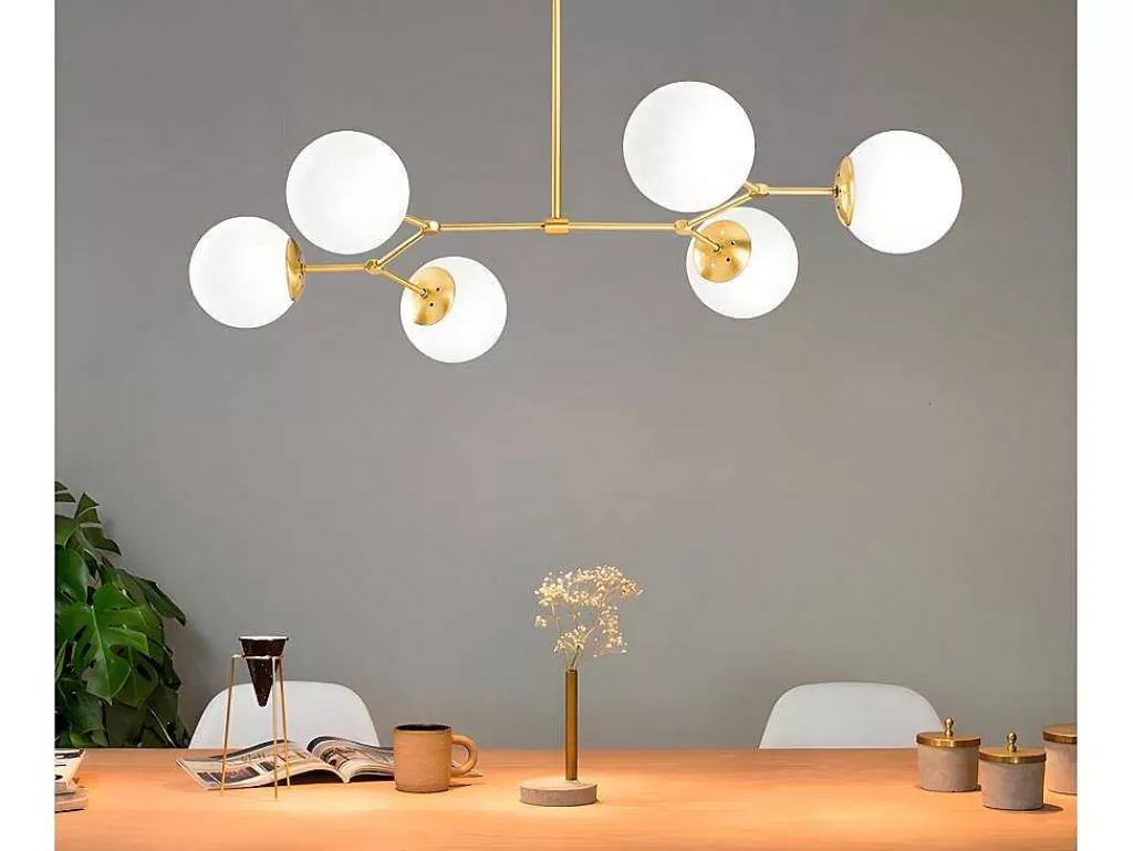 Candeeiro Suspenso*OZAIA Candeeiro De Teto Em Metal 6 Globos De C. 100 X A. 52 Cm Cor Dourado E Branco - Damar