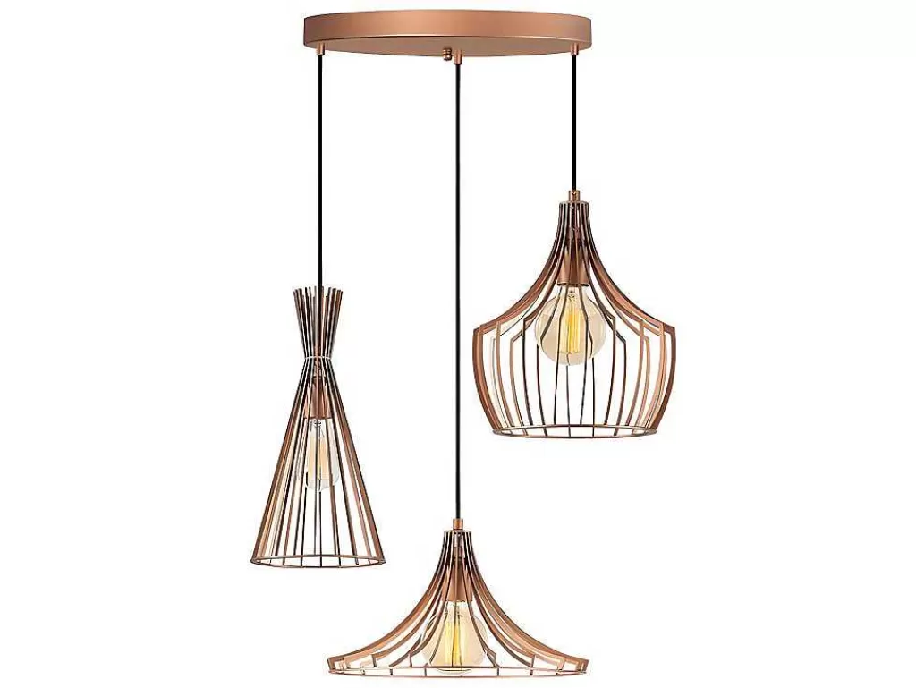 Candeeiro Suspenso*OZAIA Candeeiro De Teto Em Metal Com 3 Abajures De C. 55 X A. 113 Cm Cor Acobreado - Mezopotamya