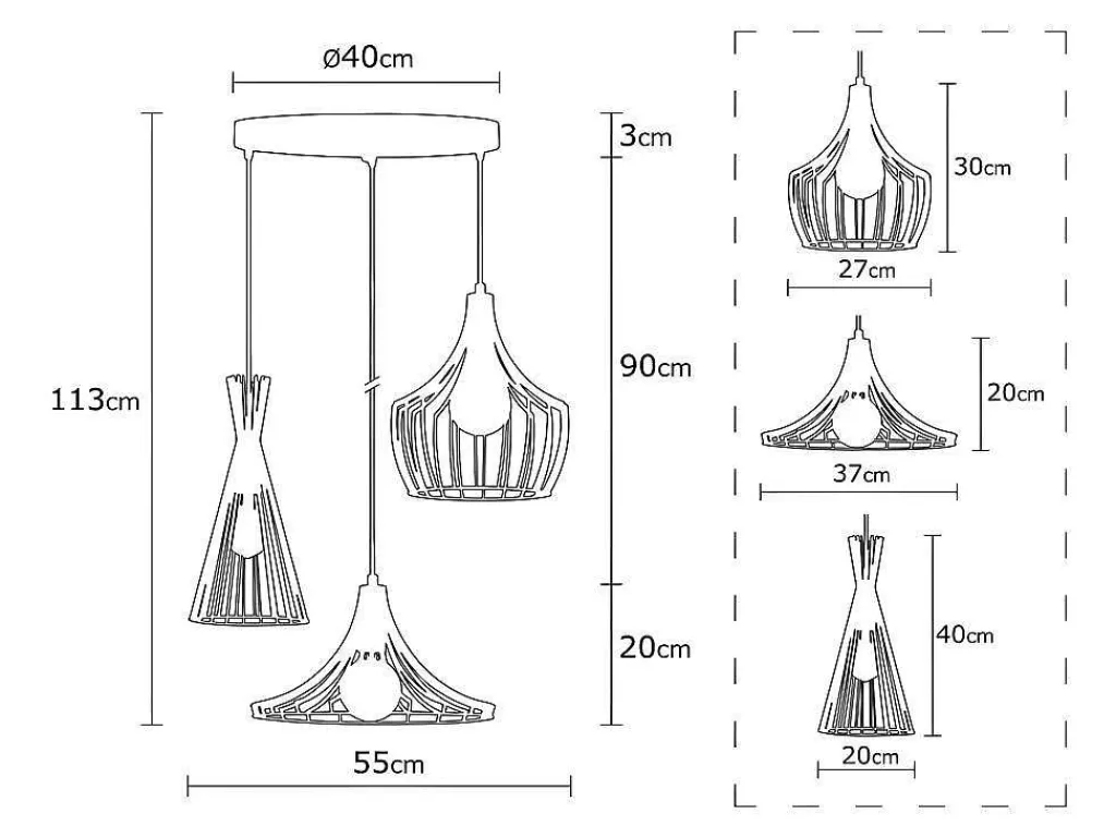 Candeeiro Suspenso*OZAIA Candeeiro De Teto Em Metal Com 3 Abajures De C. 55 X A. 113 Cm Cor Acobreado - Mezopotamya