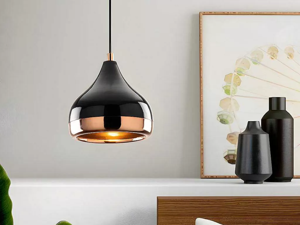 Candeeiro Suspenso*OZAIA Candeeiro De Teto Em Metal De Altura Regulavel De D. 17 X A. 25/112 Cm Cor Preto E Acobreado - Yildo