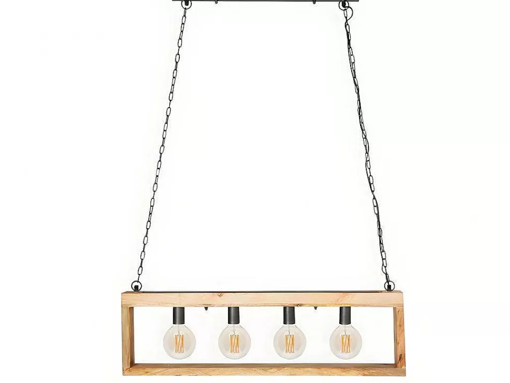Candeeiro Suspenso*OZAIA Candeeiro De Teto Industrial Estrutura Retangular Em Madeira Madeira E Metal - 4 Lampadas - A. 31 X C.100 Cm - Natural E Preto - Olius