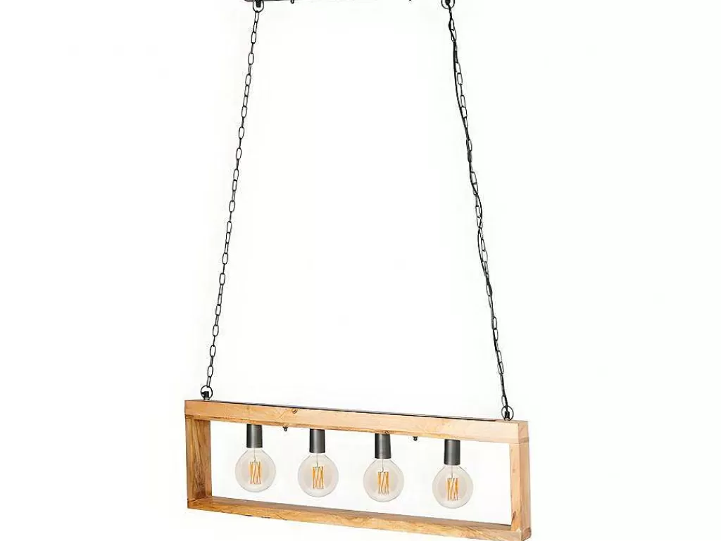 Candeeiro Suspenso*OZAIA Candeeiro De Teto Industrial Estrutura Retangular Em Madeira Madeira E Metal - 4 Lampadas - A. 31 X C.100 Cm - Natural E Preto - Olius