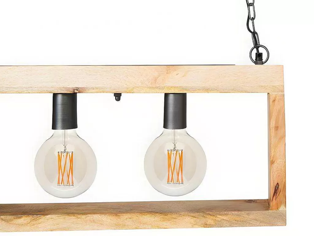 Candeeiro Suspenso*OZAIA Candeeiro De Teto Industrial Estrutura Retangular Em Madeira Madeira E Metal - 4 Lampadas - A. 31 X C.100 Cm - Natural E Preto - Olius