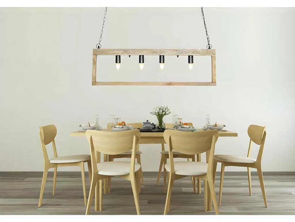Candeeiro Suspenso*OZAIA Candeeiro De Teto Industrial Estrutura Retangular Em Madeira Madeira E Metal - 4 Lampadas - A. 31 X C.100 Cm - Natural E Preto - Olius